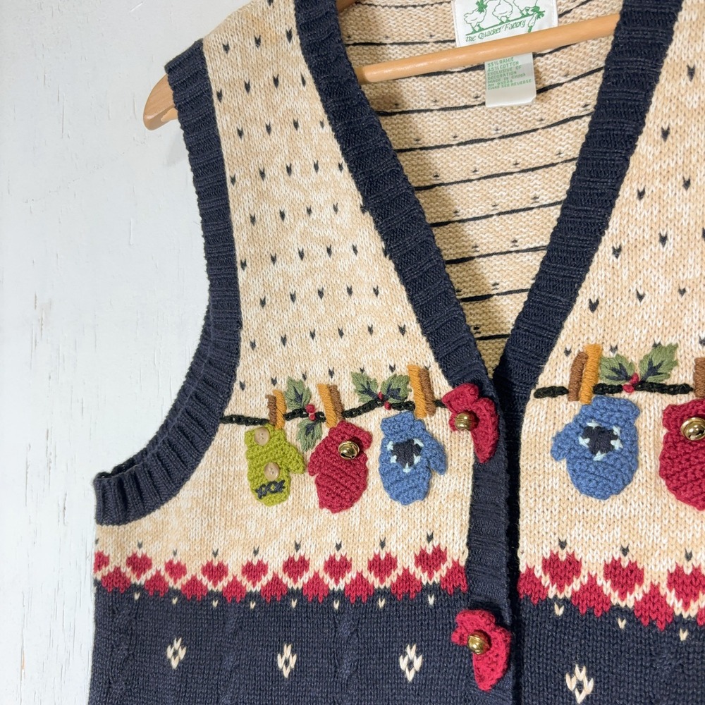VTG 90s Quacker Factory Sweater Christmas Vest Womens M Embroidered Knit Holiday - Picture 4 of 7